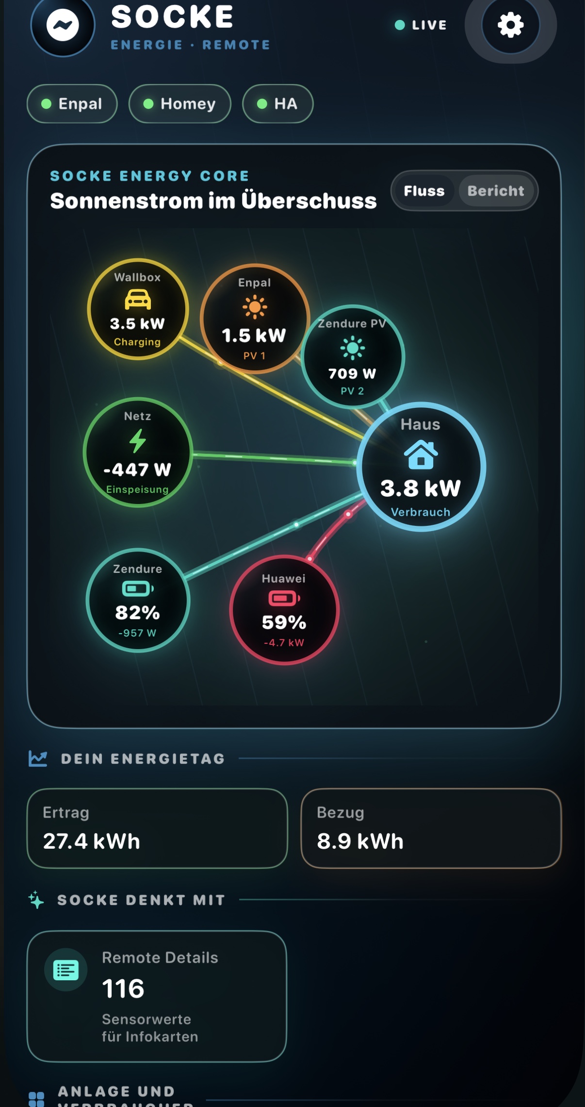 SOCKE Build 55 auf dem iPhone als Remote-Ansicht mit PV 2, Grid, Speicher und Energiefluss