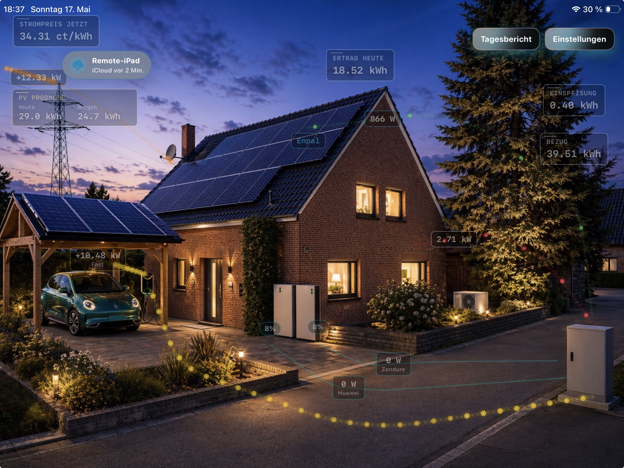 SOCKE iPad Hausansicht mit Energie-Linien